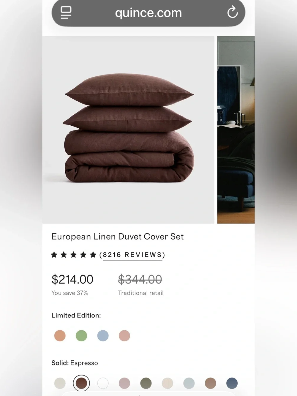 NWT Quince European Linen 3 Piece Duvet Cover Set, King/Cal (Espresso)